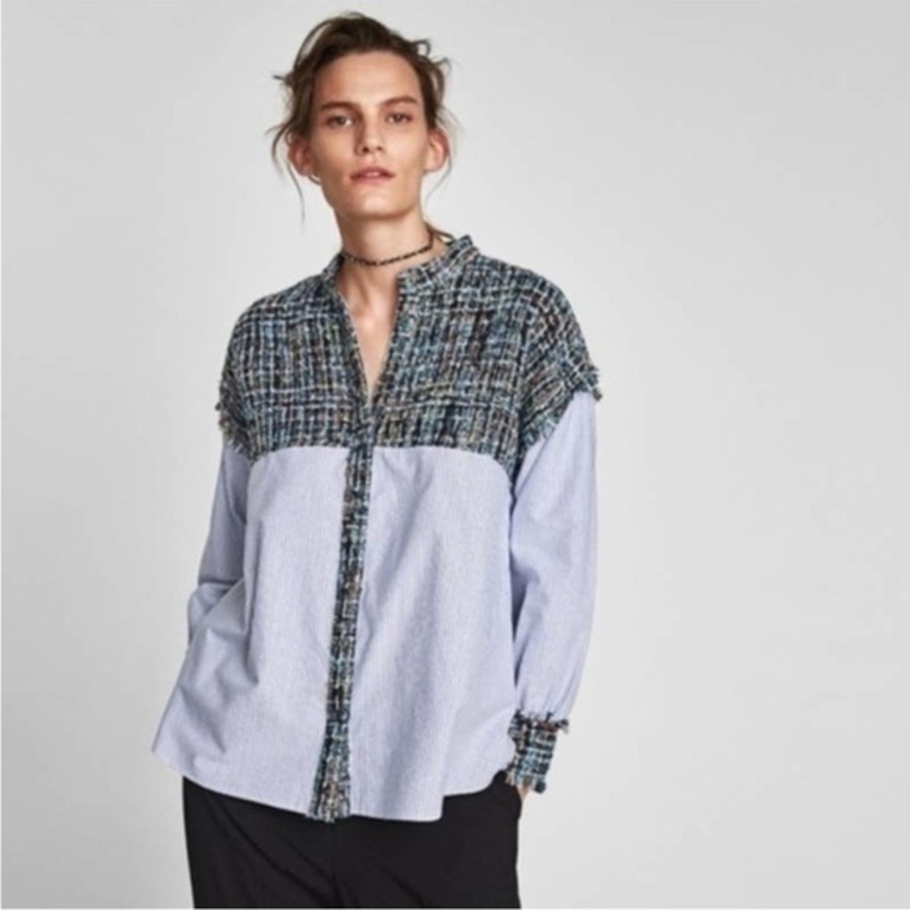 ZARA Tweed Fringe Striped Button Down Top Size XS